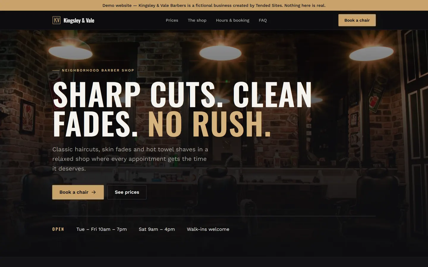 Homepage of the Kingsley & Vale barber shop example website