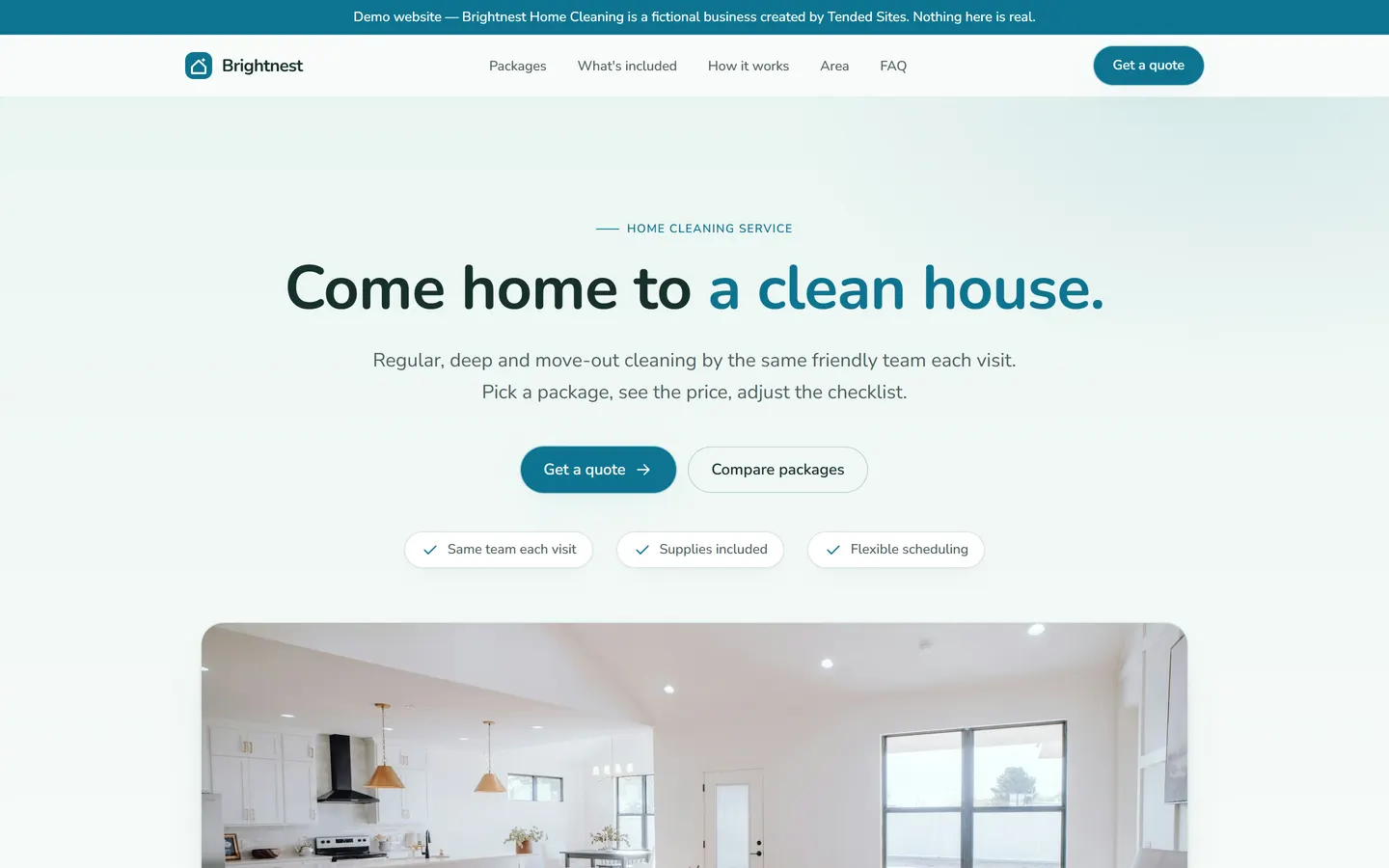 Homepage of the Brightnest home cleaning example website