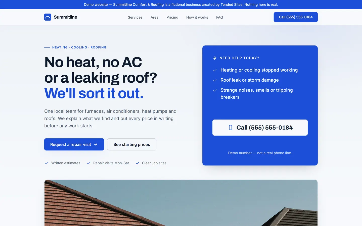 Homepage of the Summitline heating, cooling and roofing example website